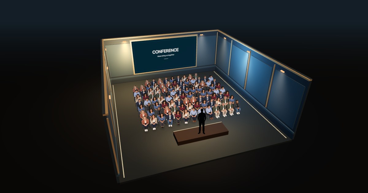 100 seated audience members in an illustrative conference scene