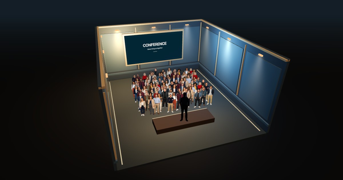 100 standing audience members in an illustrative conference scene