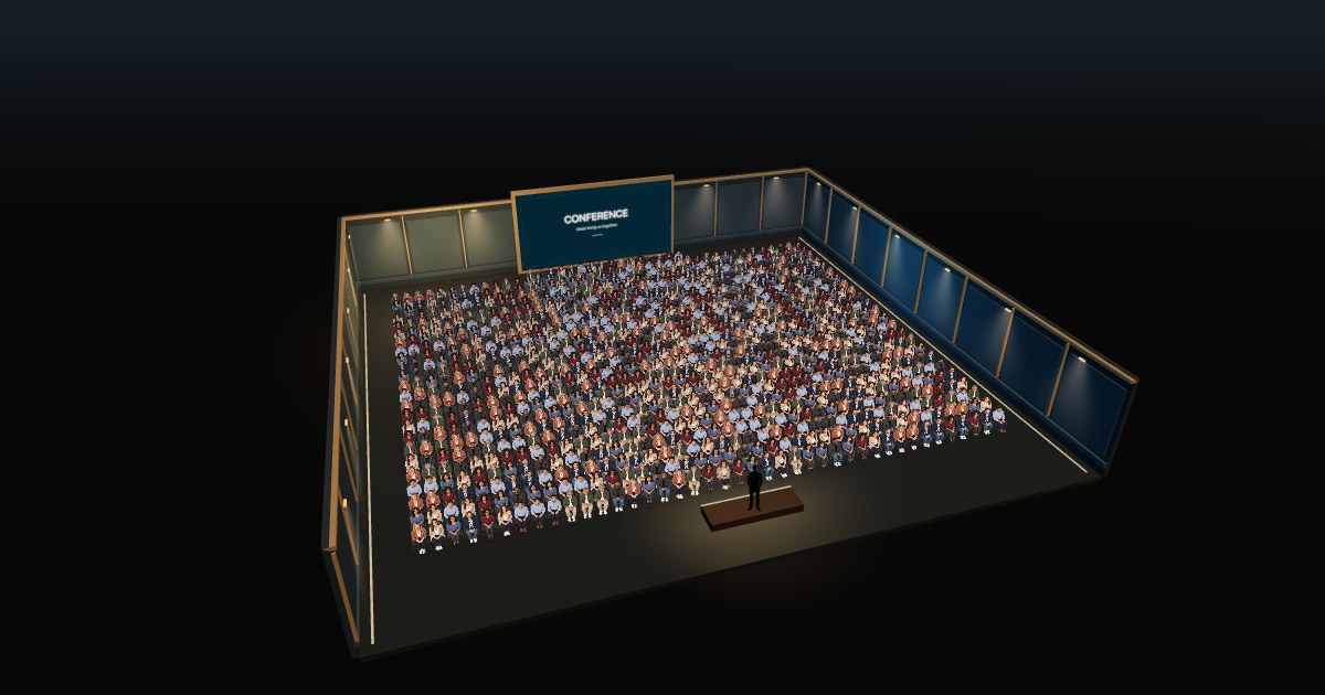 1,000 seated audience members in an illustrative conference scene