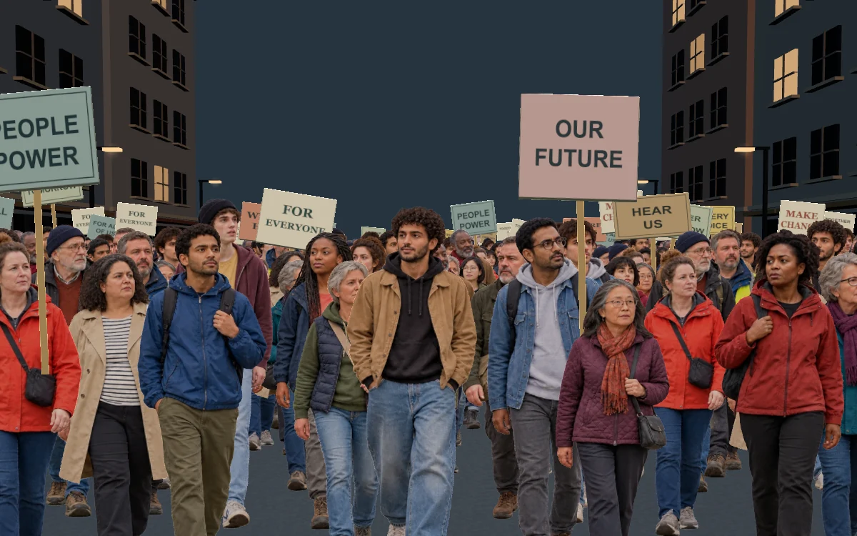 MyCrowd Riot: an illustrated street demonstration with colorful placards between city buildings