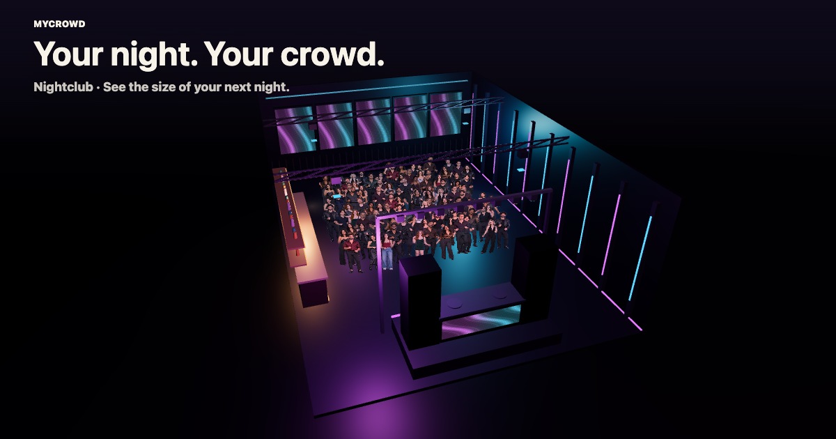 A MyCrowd nightclub with standing guests and violet and cyan lighting